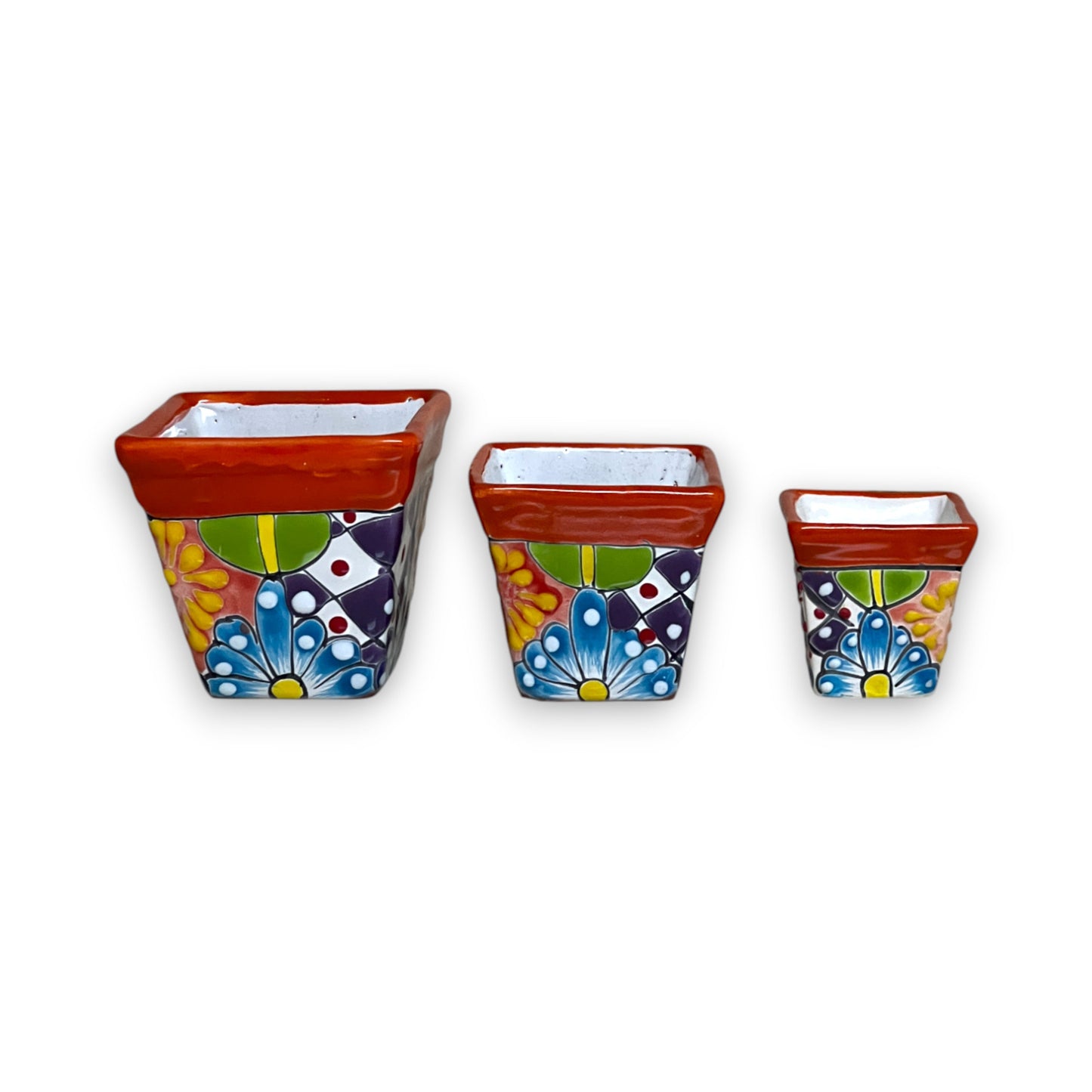 Square Talavera Planter Set | Colorful Mexican Mini Pots (Set of 3)