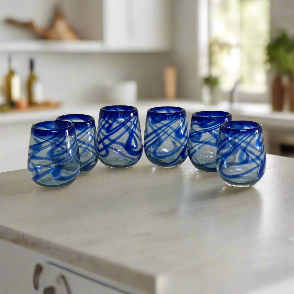 Mexican Stemless Wine Glass | Hand-Blown Blue Swirl