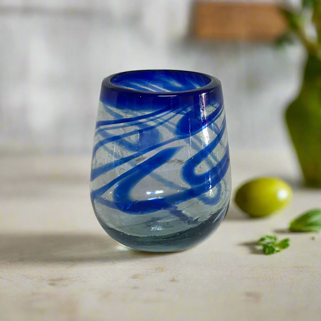 Mexican Stemless Wine Glass | Hand-Blown Blue Swirl