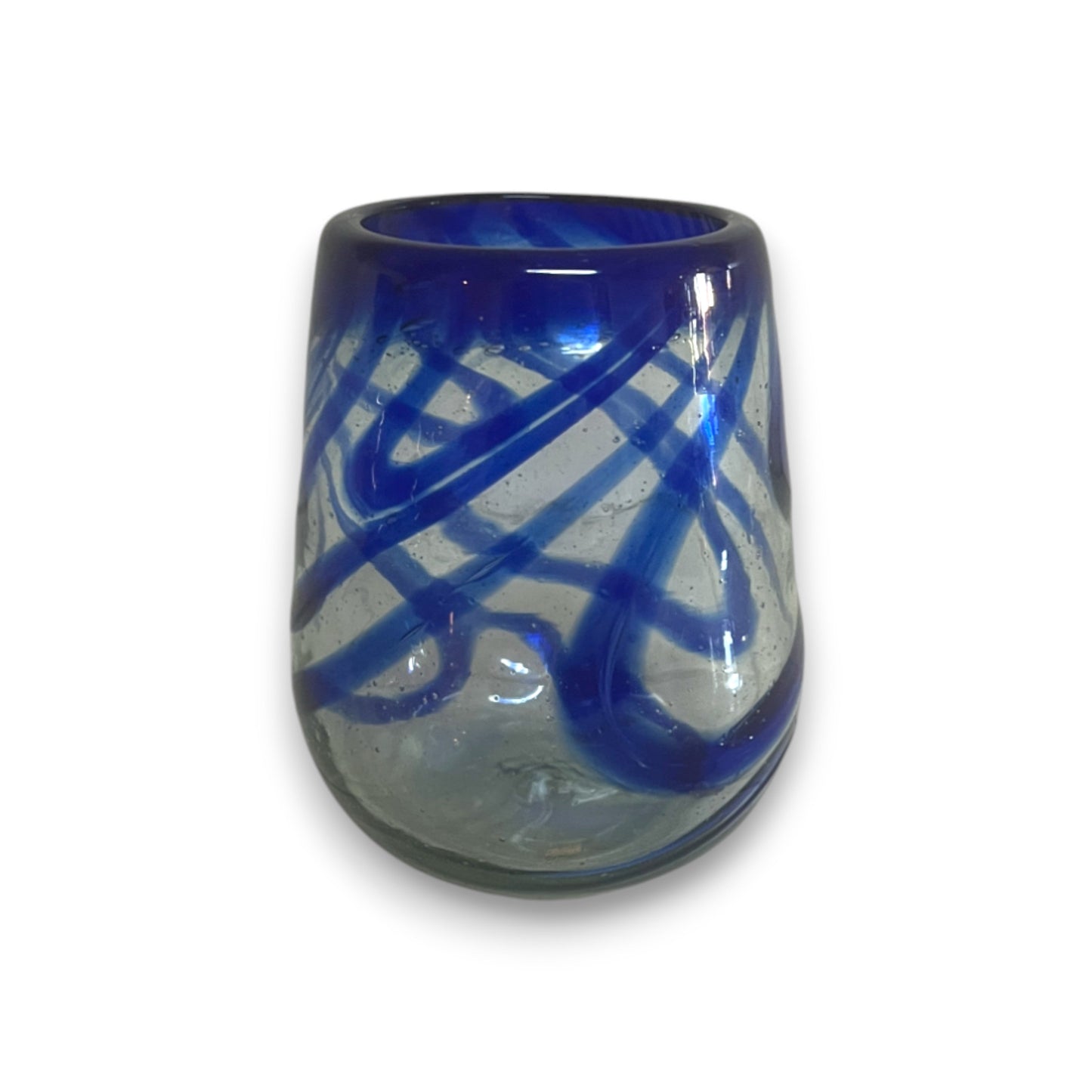 Mexican Stemless Wine Glass | Hand-Blown Blue Swirl