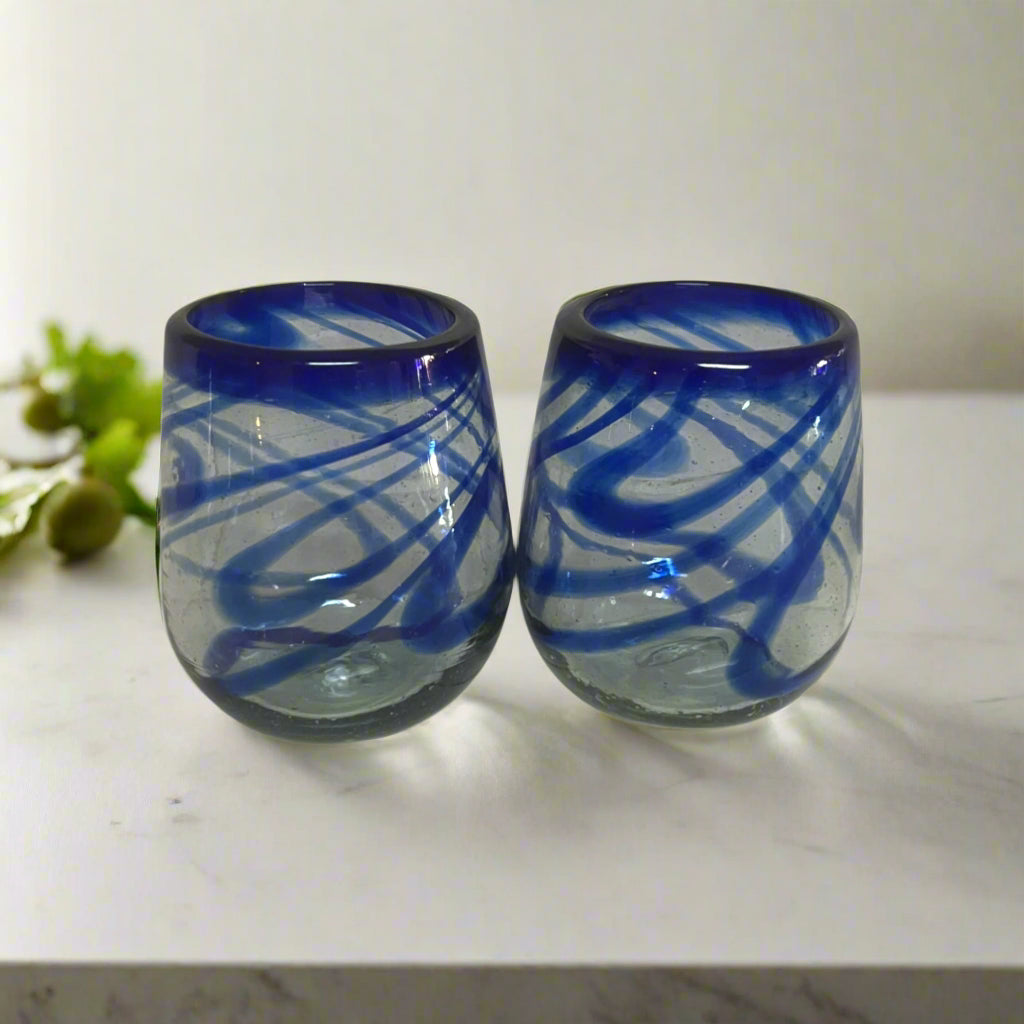 Mexican Stemless Wine Glass | Hand-Blown Blue Swirl
