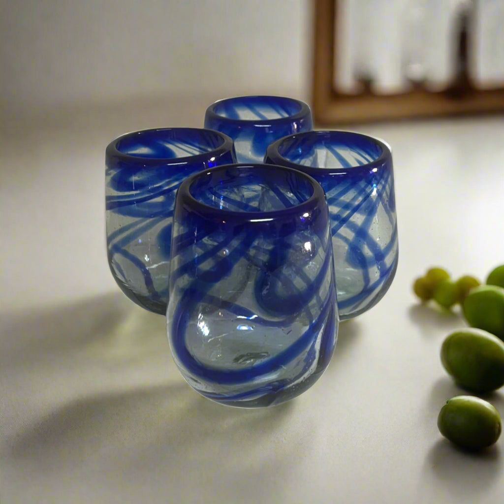 Mexican Stemless Wine Glass | Hand-Blown Blue Swirl