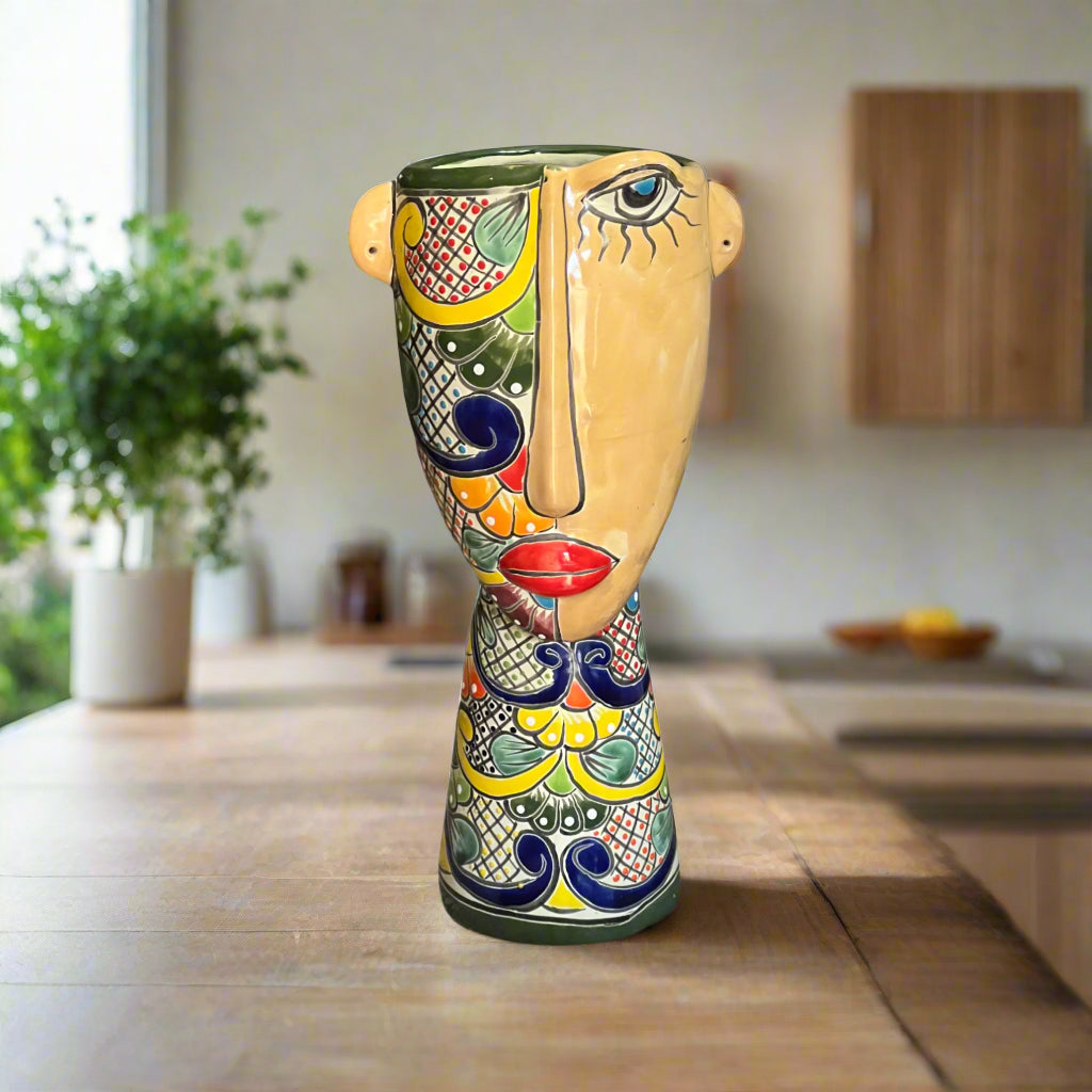 Mexican Talavera Lady Planter | Hand-Painted Folk Art Picasso Style