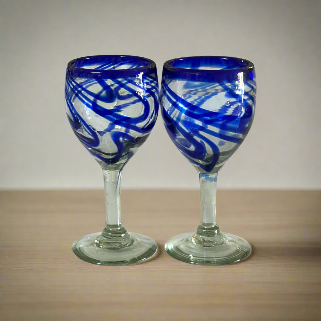 Hand-Blown Mexican Wine Glass | Cobalt Blue Swirl Goblet