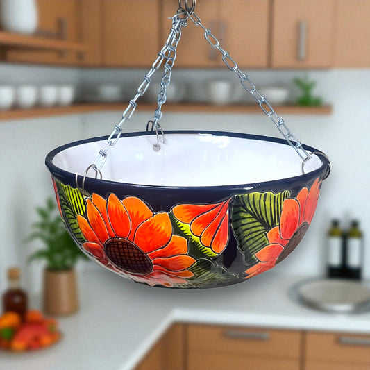 Vibrant Talavera Sunflower Hanging Planter | Artisan Pot