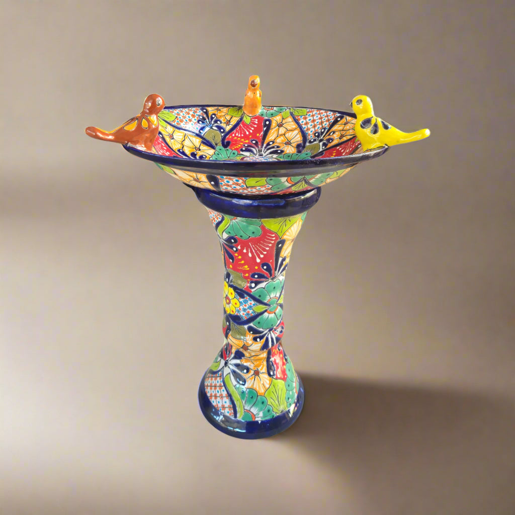 Talavera Bird Bath with Blue Rim | Colorful Mexican Garden Decor