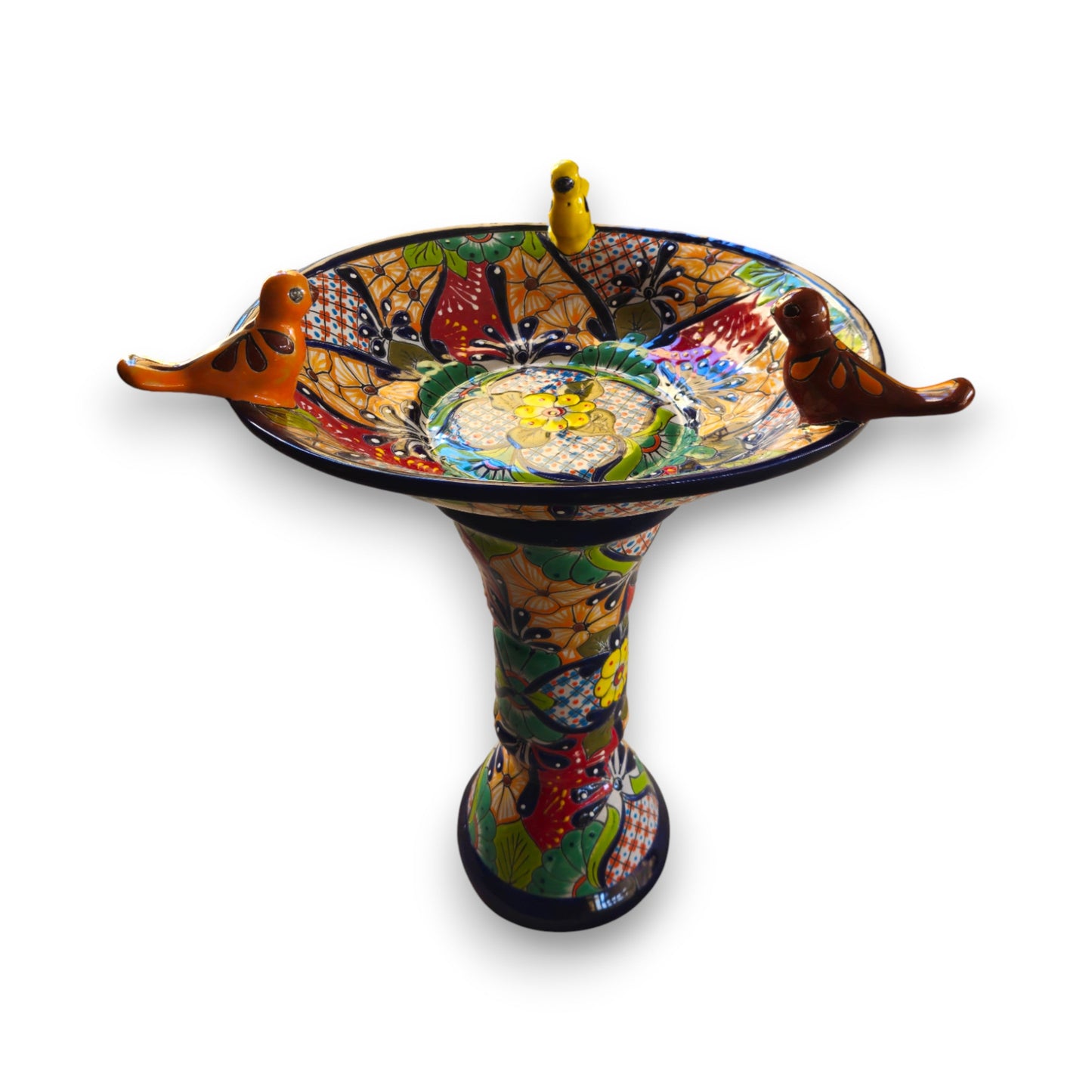 Talavera Bird Bath with Blue Rim | Colorful Mexican Garden Decor