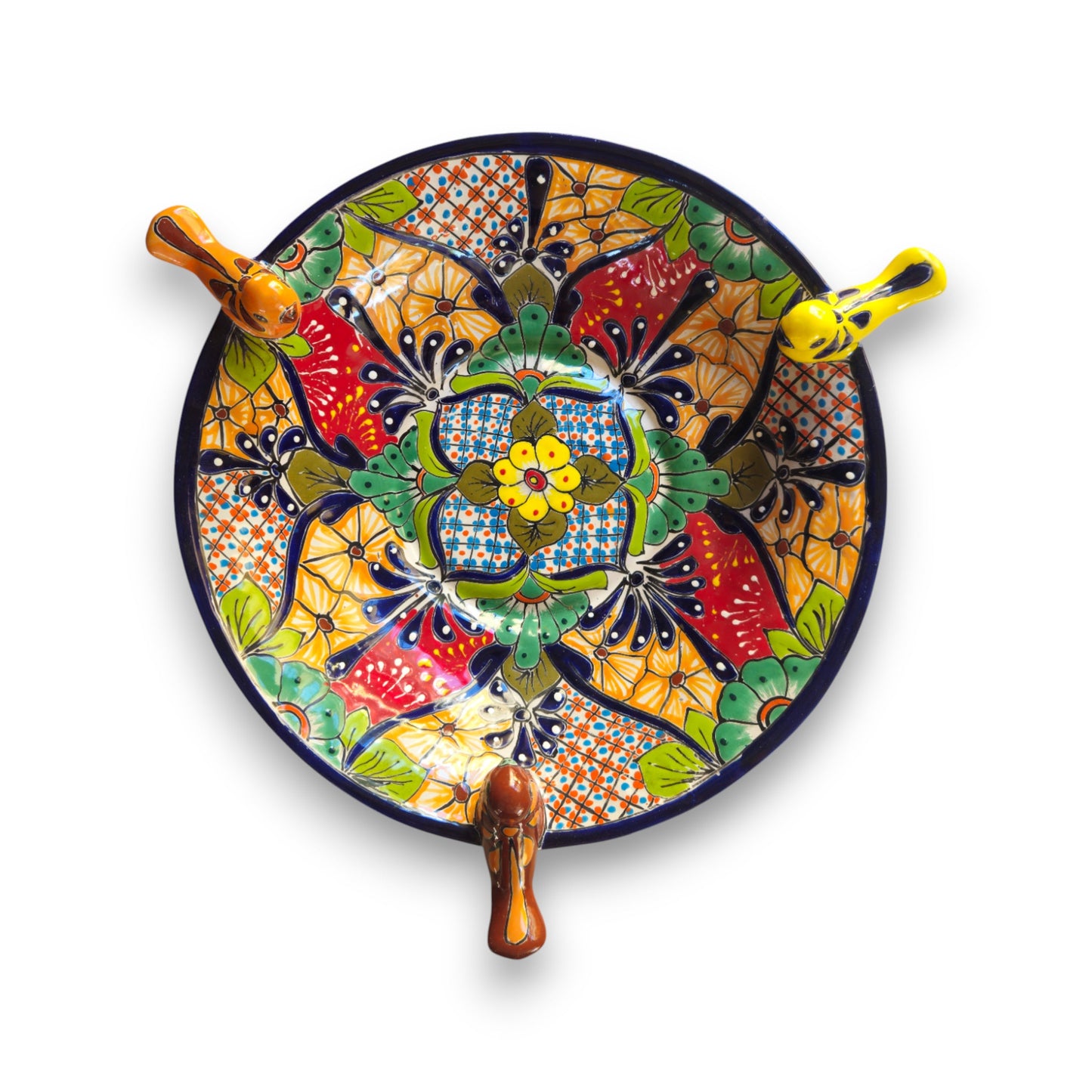 Talavera Bird Bath with Blue Rim | Colorful Mexican Garden Decor