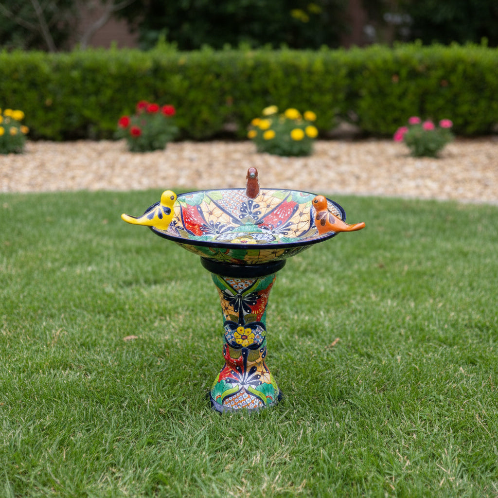 Talavera Bird Bath with Blue Rim | Colorful Mexican Garden Decor