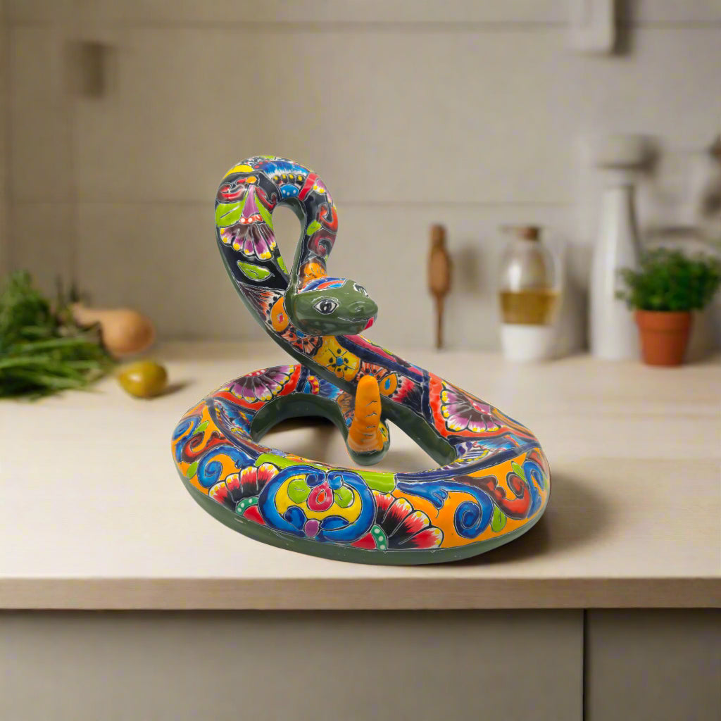 Colorful Talavera Snake Figurine | Handcrafted Mexican Art