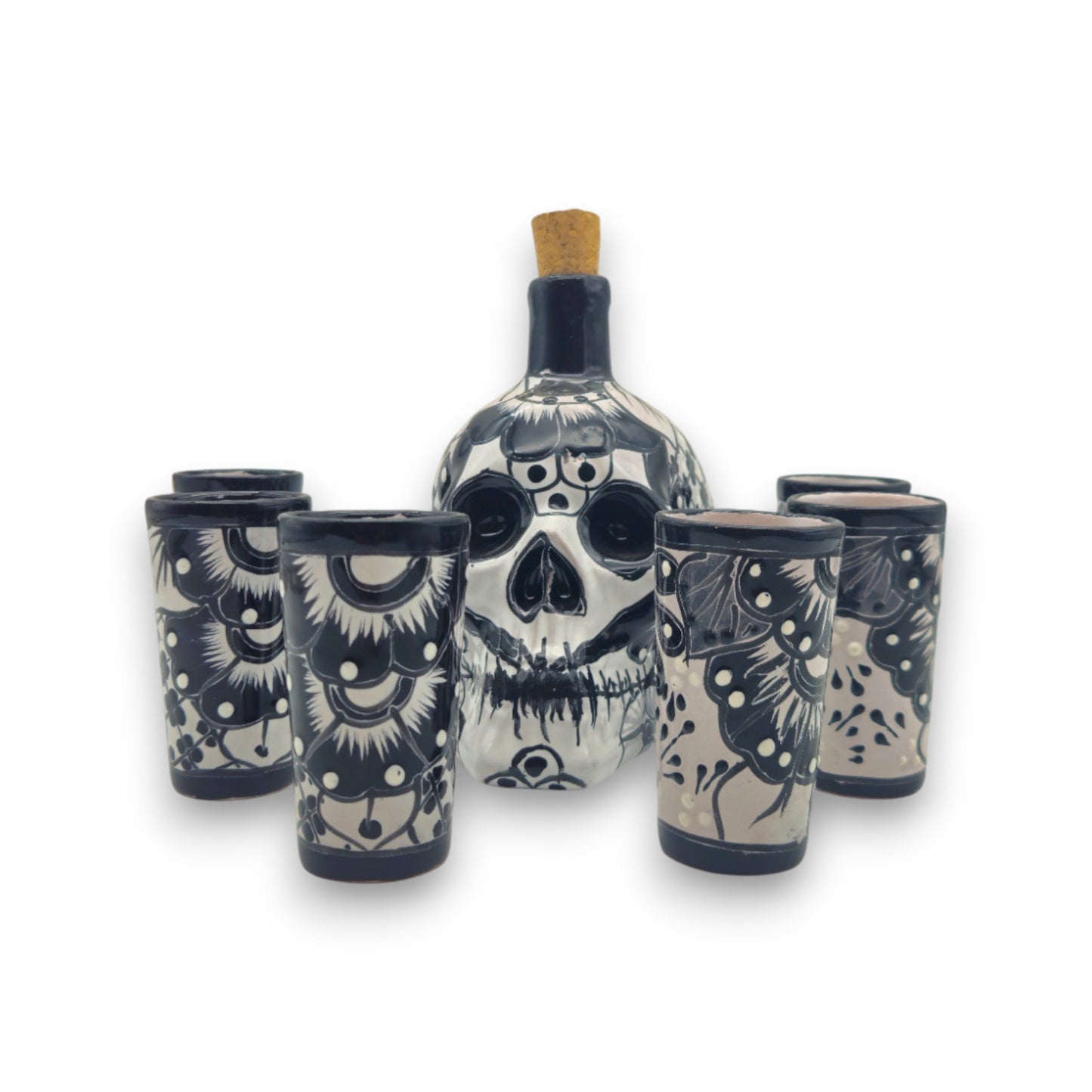 Talavera Skull Decanter with 6 Shot Glasses | Mexican Bar Set