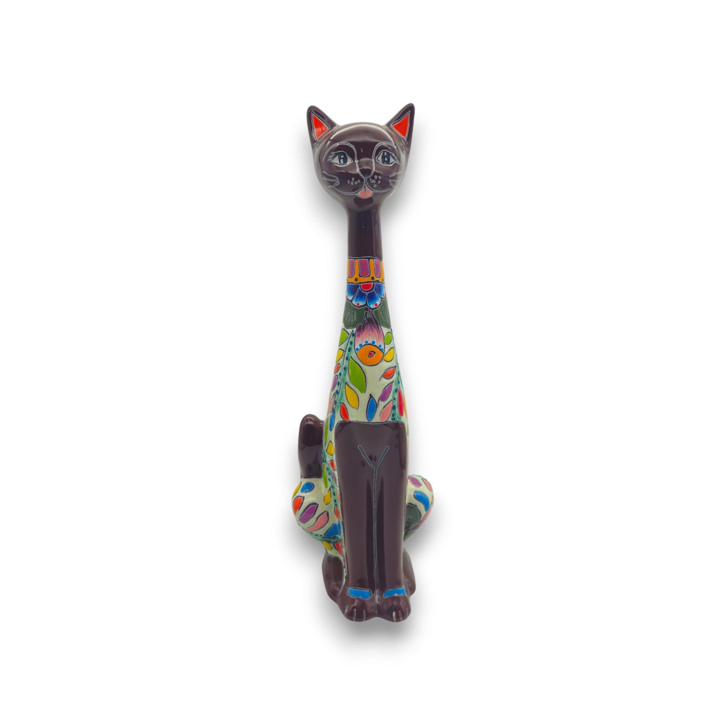Colorful Talavera Cat Statue | Handcrafted Mexican Art