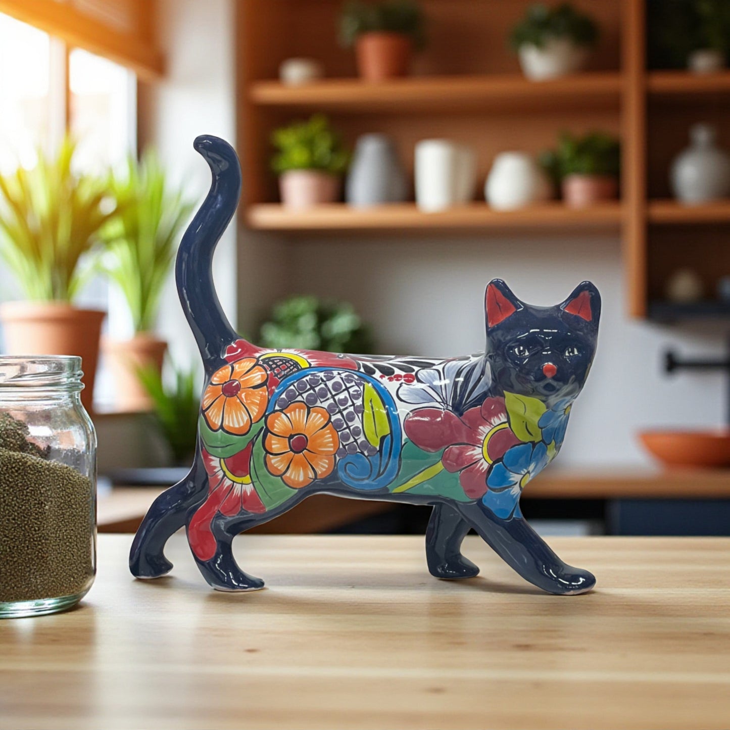 Talavera Cat Figurine | Hand-Painted Mexican Folk Art