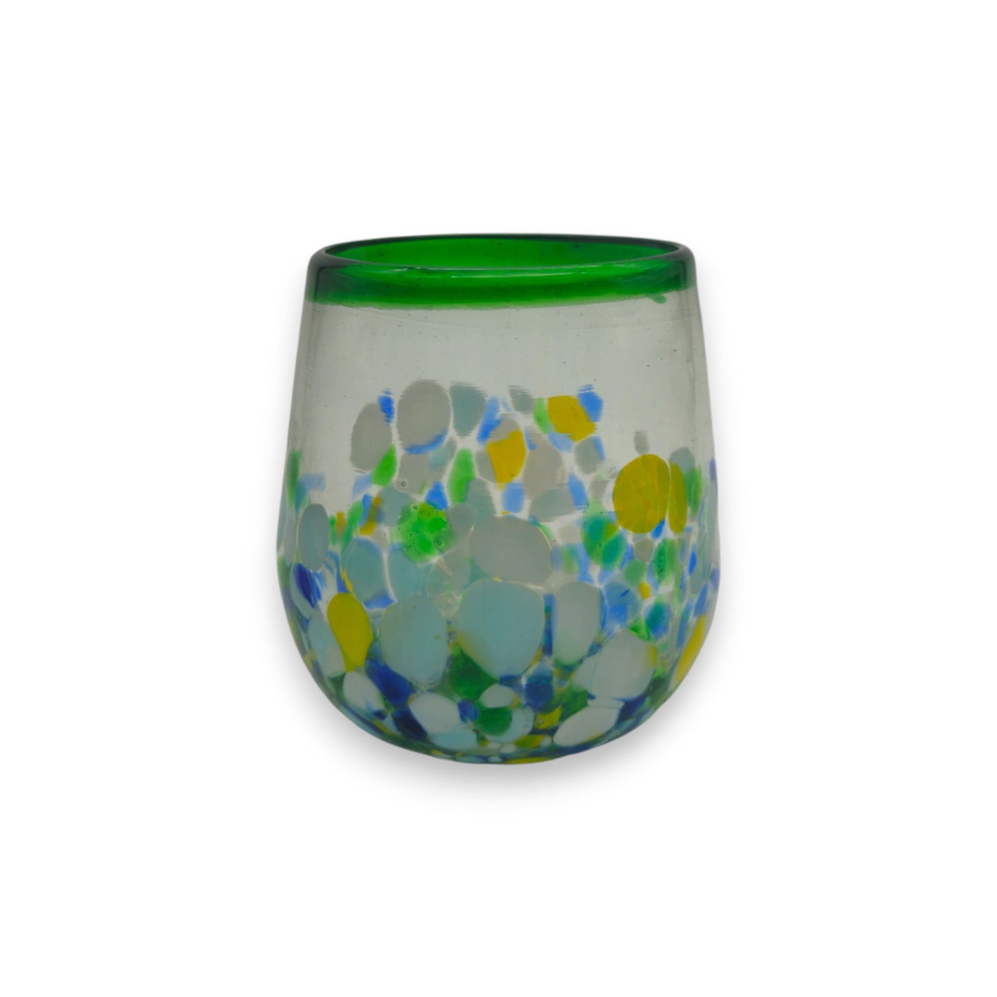 Hand-Blown Stemless Wine Glass | Mexican Confetti with Green Rim