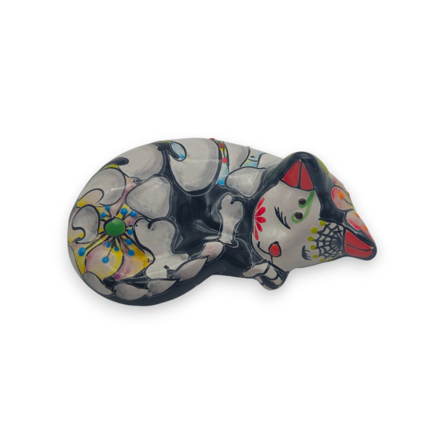 Talavera Sleeping Cat Figurine | Hand-Painted Mexican Decor