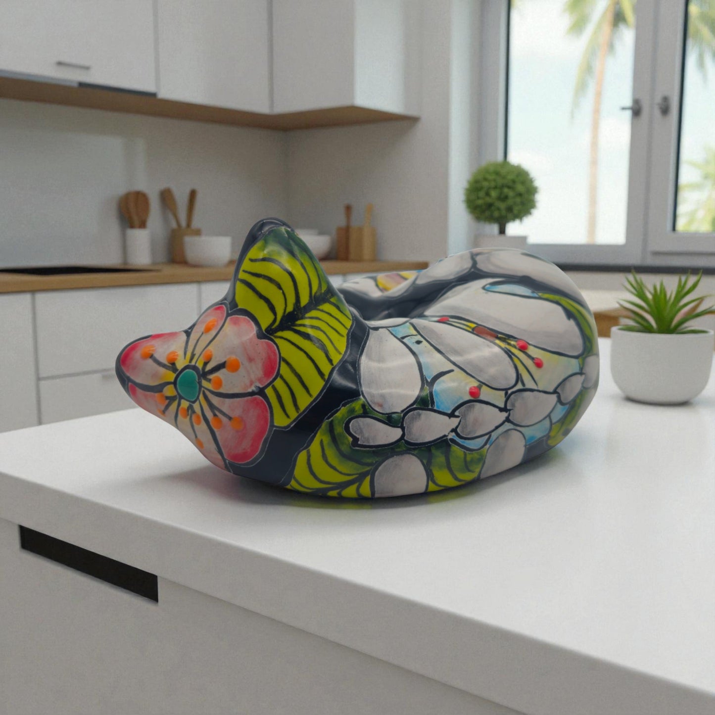 Talavera Sleeping Cat Figurine | Hand-Painted Mexican Decor