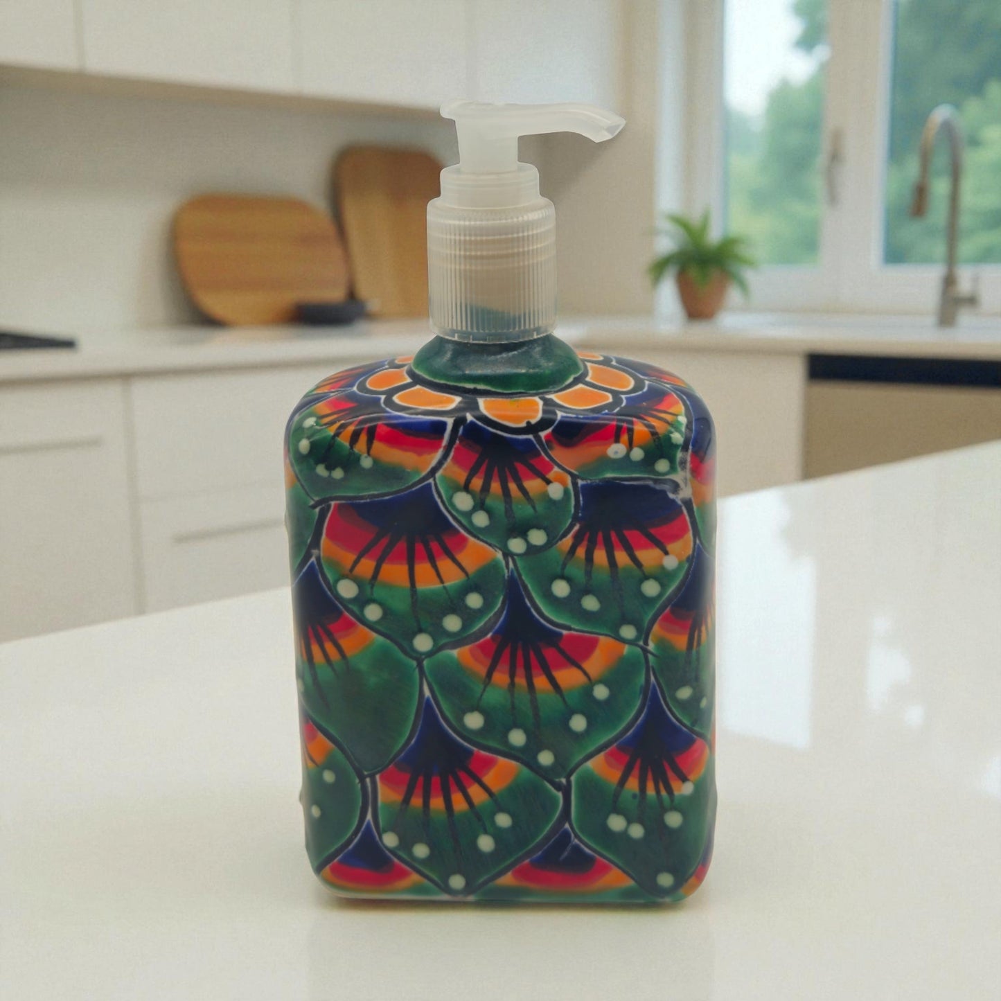 Peacock Feather Talavera Soap Dispenser | Hand-Painted Ceramic