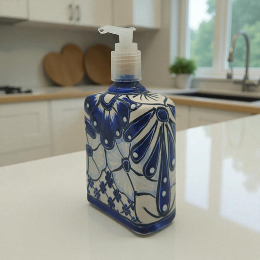 Hand-Painted Blue Talavera Soap Dispenser | Floral Ceramic Decor