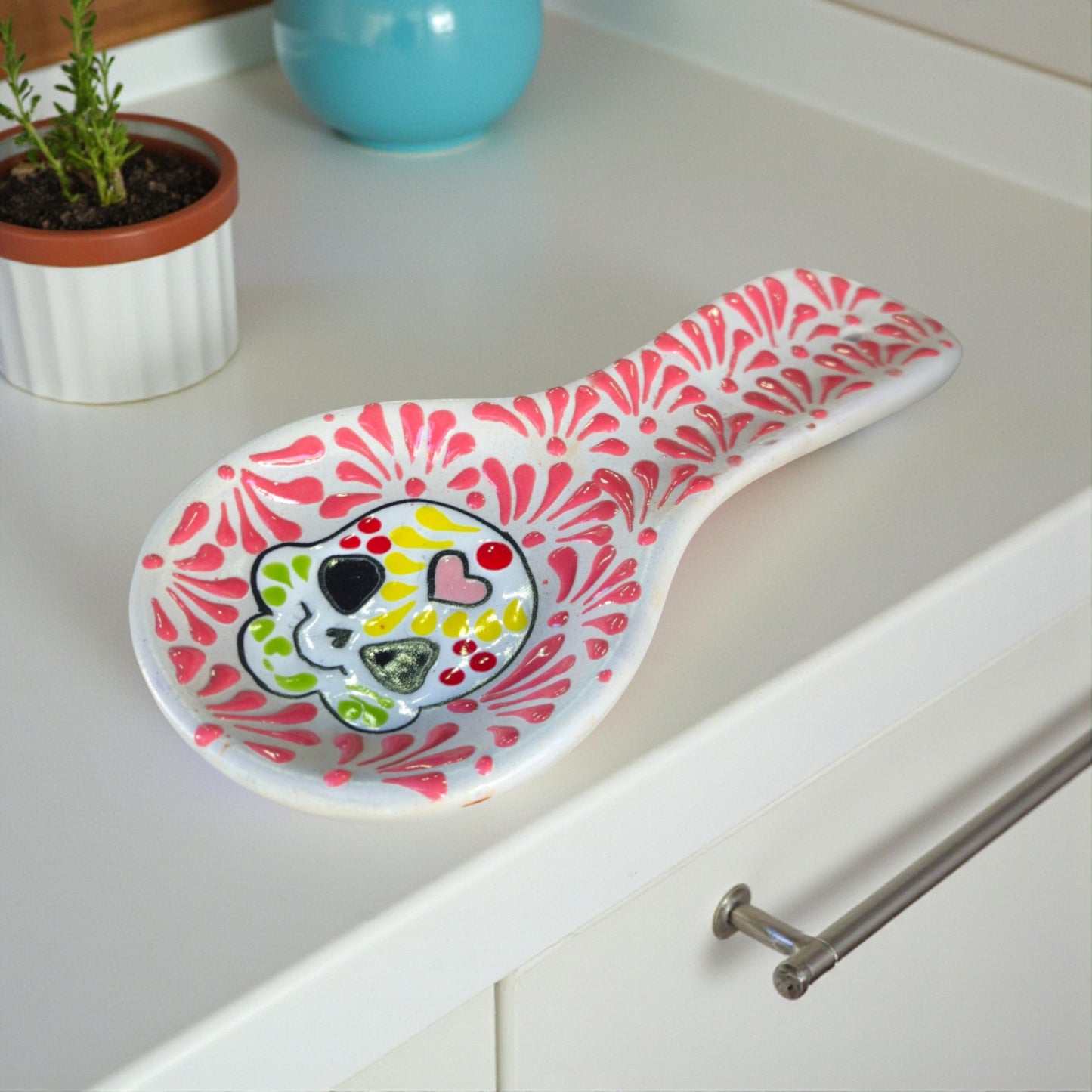 Colorful Talavera Skull Spoon Rest | Mexican Kitchen Art