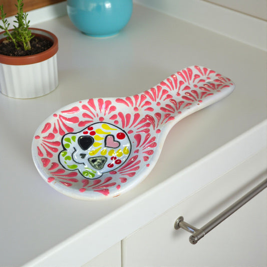 Colorful Talavera Skull Spoon Rest | Mexican Kitchen Art