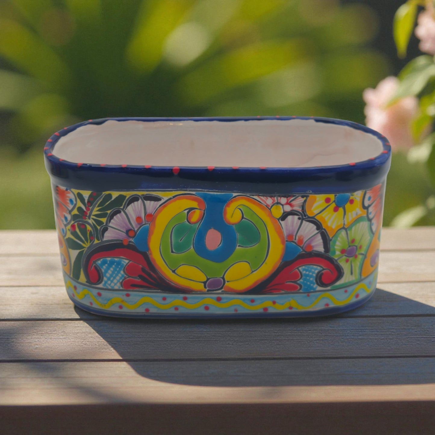 Oval Blue Rim Talavera Planter | Handcrafted Mexican Pot