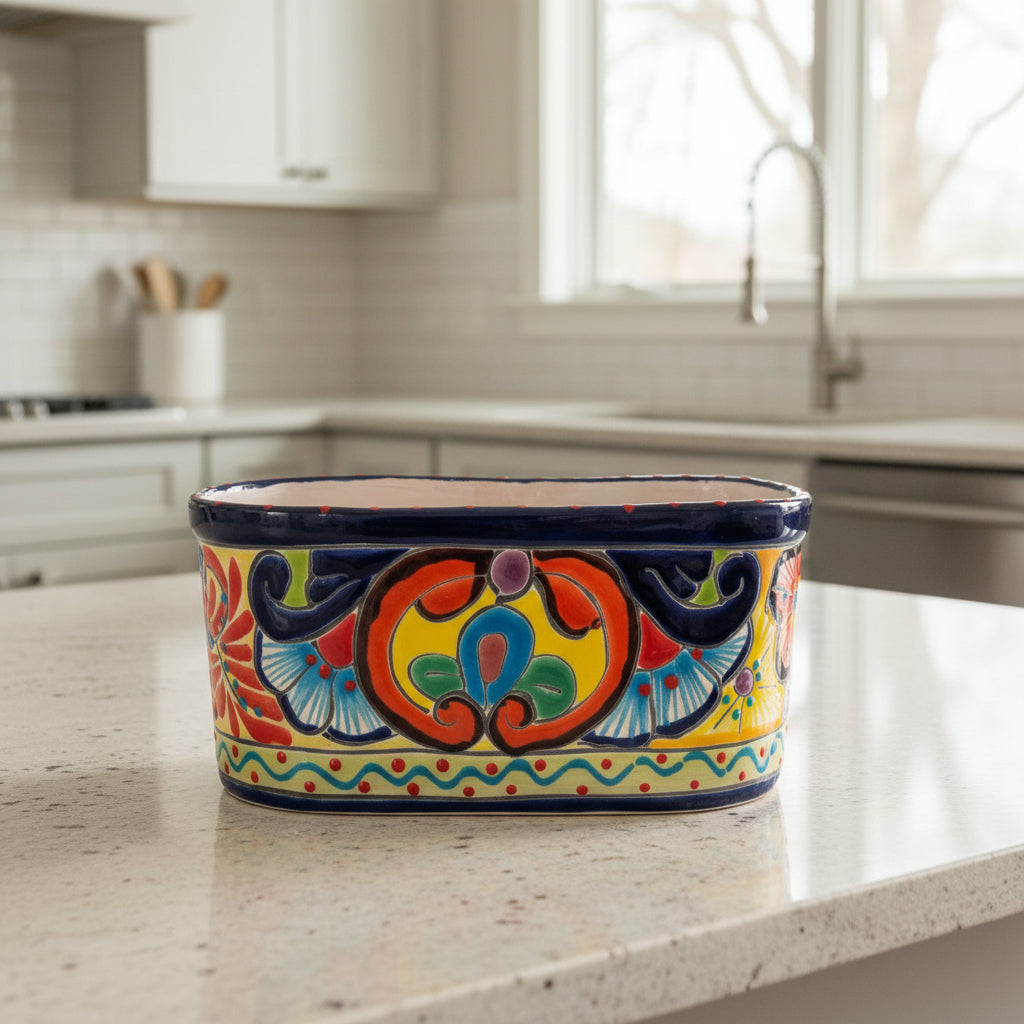 Oval Blue Rim Talavera Planter | Handcrafted Mexican Pot