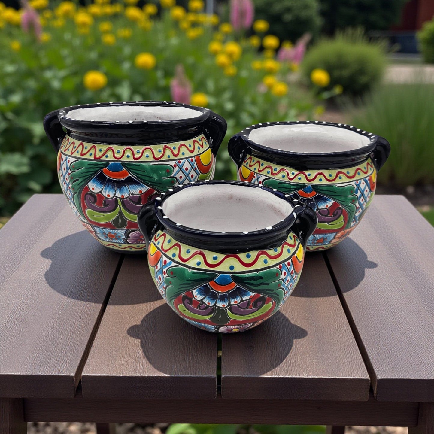 Cobalt Blue Rim Talavera Pot Trio | Small Hand-Painted Planters