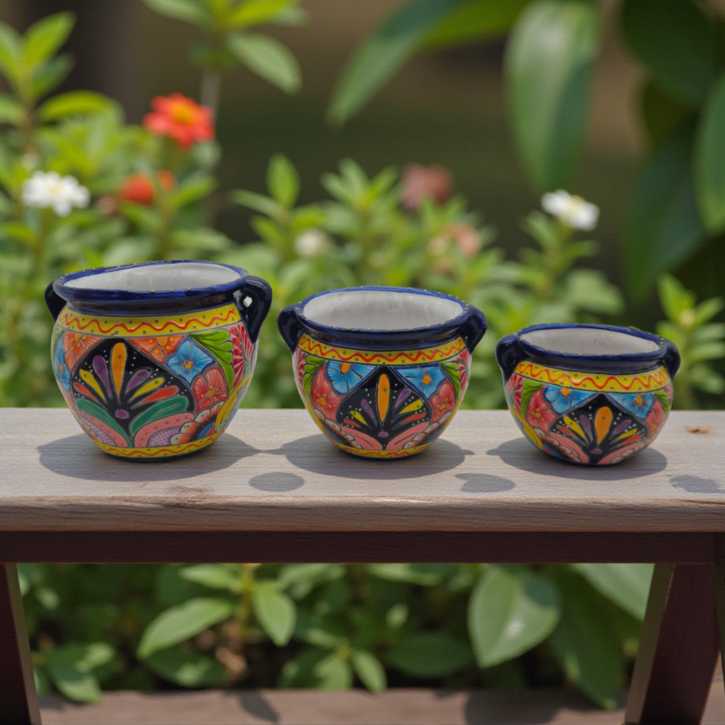 Cobalt Blue Rim Talavera Pot Trio | Small Hand-Painted Planters