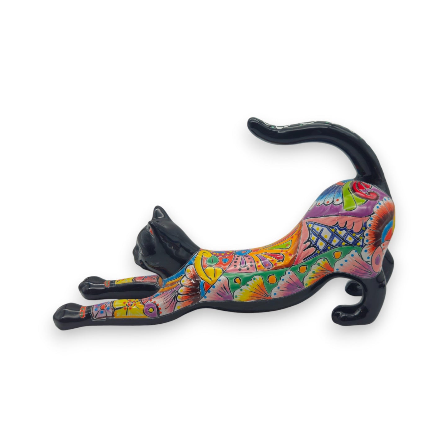 Talavera Stretching Cat Figurine | Multicolor Mexican Art
