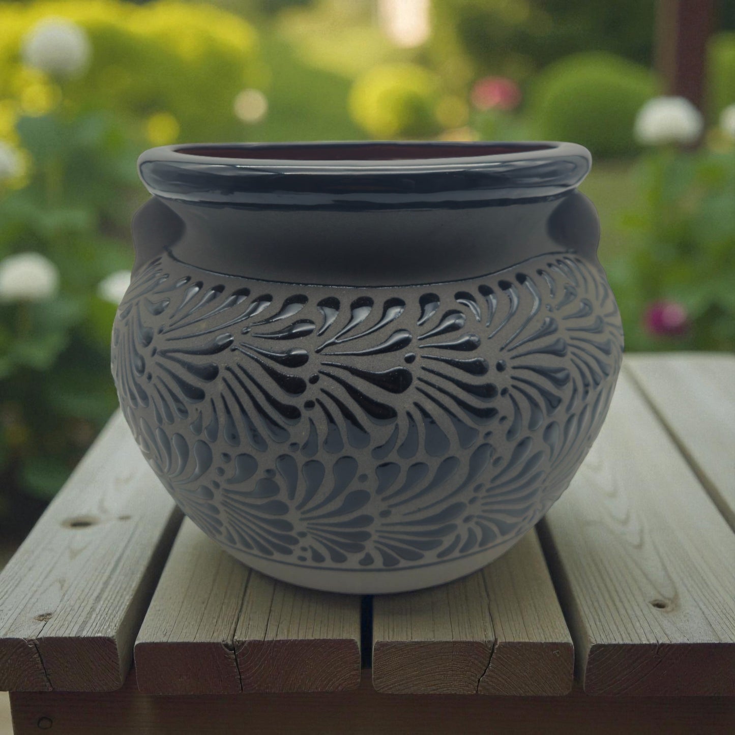 Talavera Floral Pot | Handcrafted Black Design