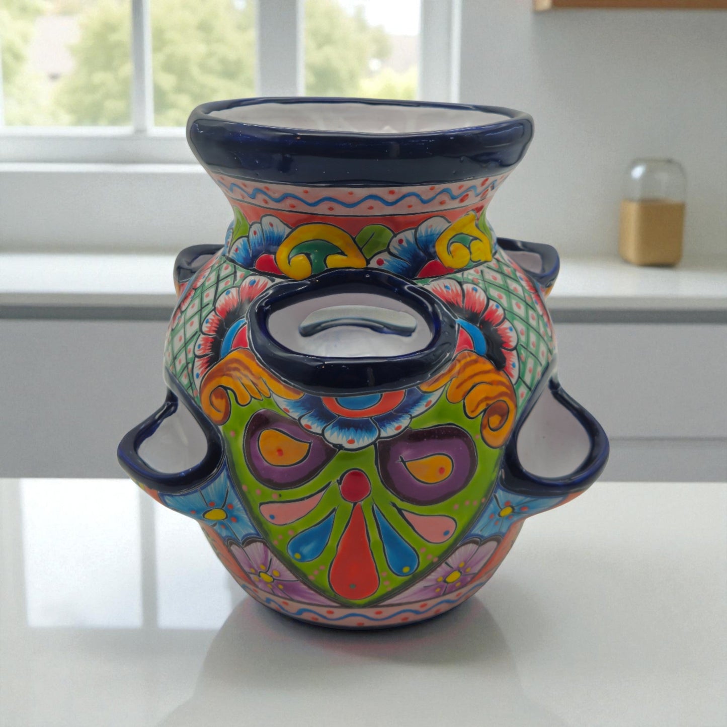Blue Rim Talavera Strawberry Pot | Hand-Painted Mexican Planter