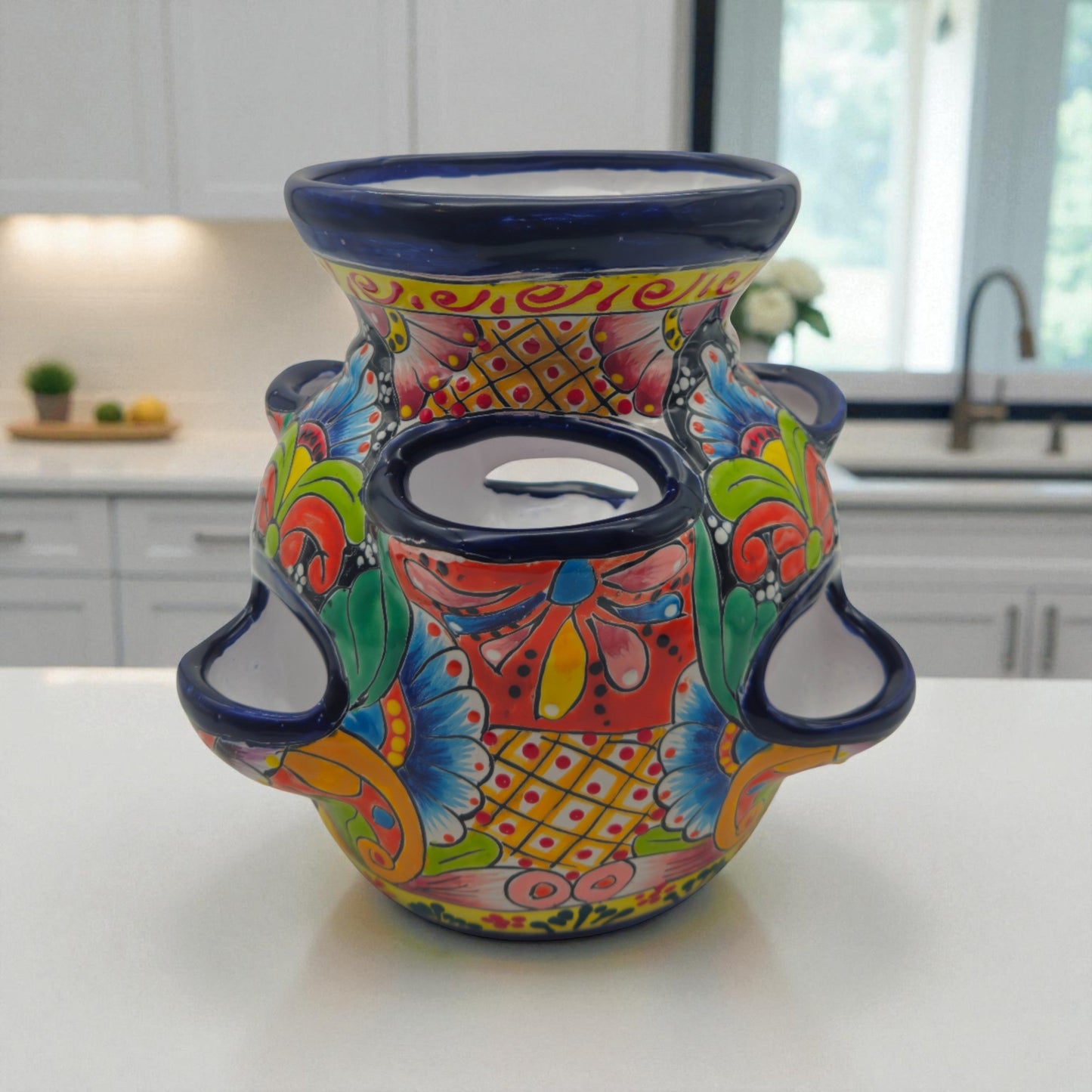 Blue Rim Talavera Strawberry Pot | Hand-Painted Mexican Planter