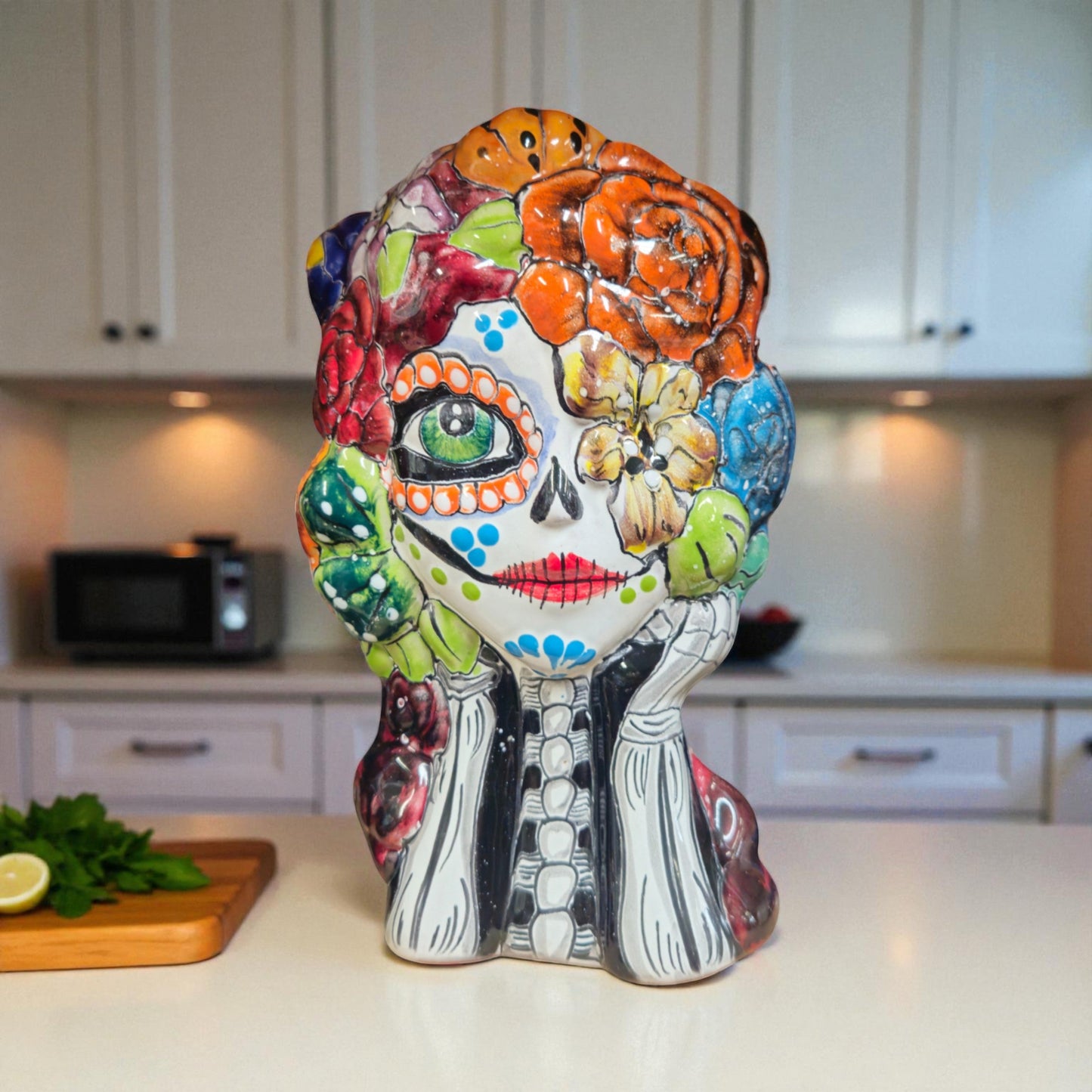 Colorful Talavera Skull Planter | Hand-Painted Ceramic Pot