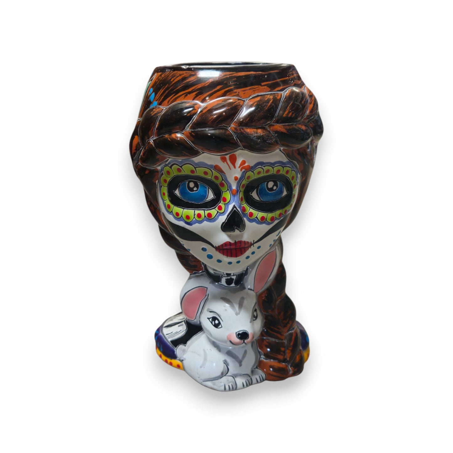 Day of the Dead Lady & Bunny Planter | Hand-Painted Talavera Pot