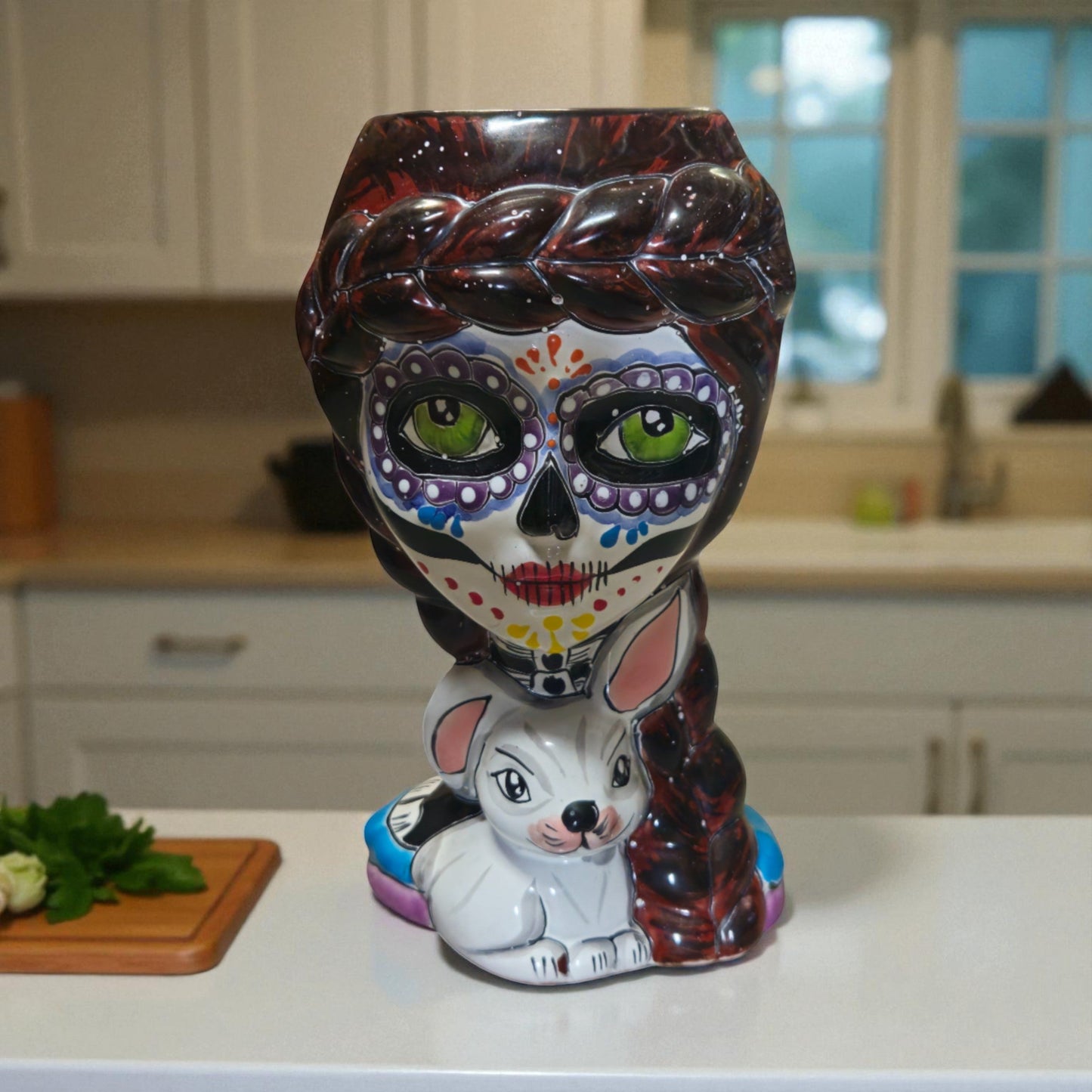 Day of the Dead Lady & Bunny Planter | Hand-Painted Talavera Pot
