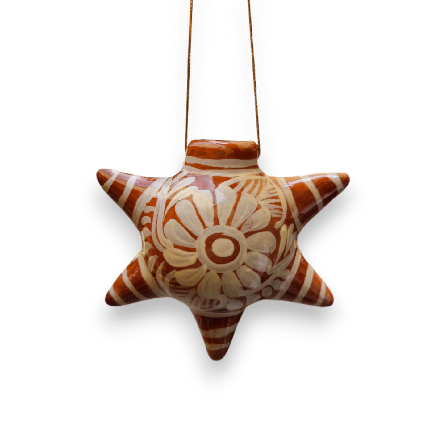 Brown & White Talavera Ornament | Star-Shaped Holiday Folk Art