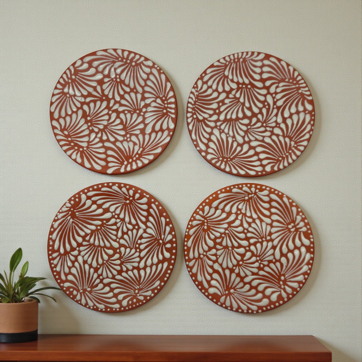 Set of 4 Brown & White Talavera Wall Plates | 10" Decorative Display