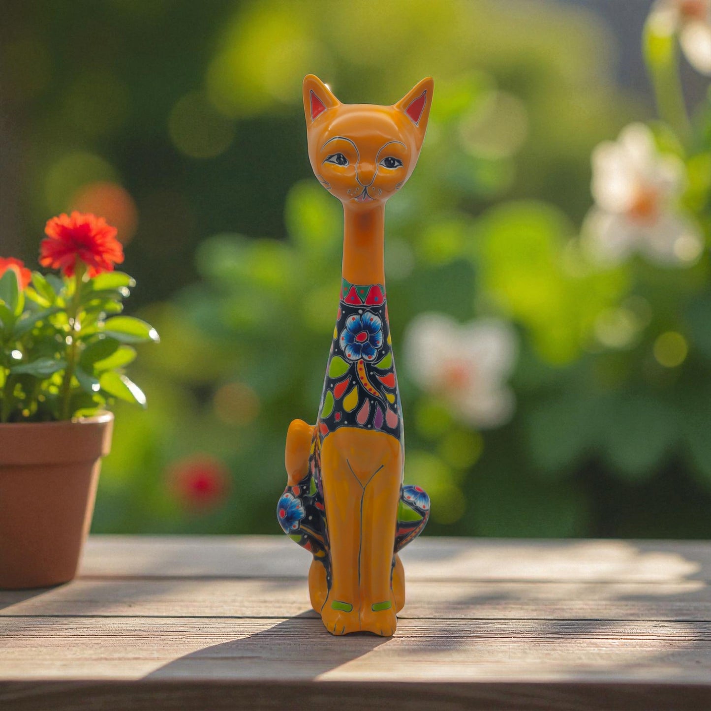 Colorful Talavera Cat Statue | Handcrafted Mexican Art