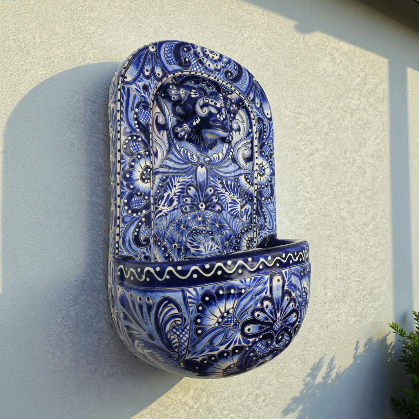 Blue & White Talavera Wall Fountain | Handcrafted Mexican Ceramic