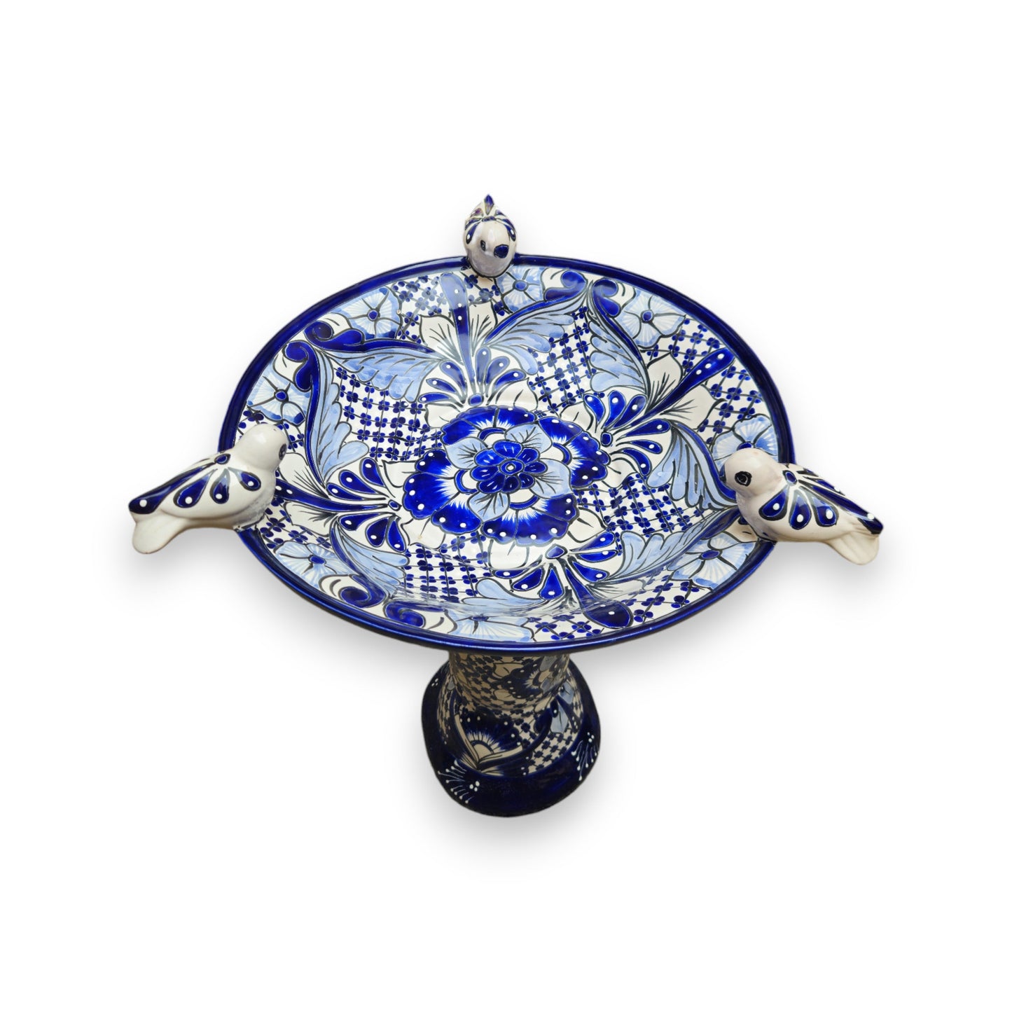 Blue & White Talavera Frog Fountain with Rim Birds | Mexican Garden
