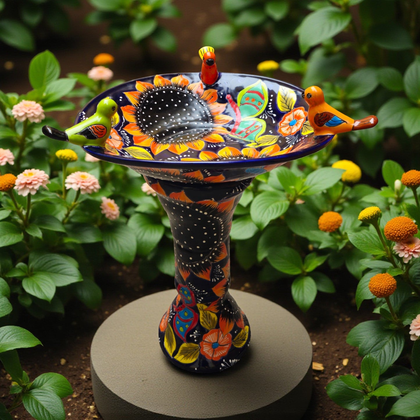 Cobalt Talavera Bird Bath | Hand-Painted Sunflower Art
