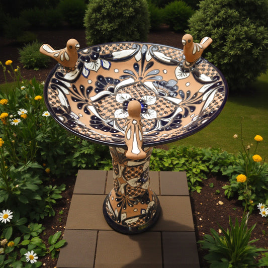 Terracotta Talavera Bird Bath | Black & Blue Hand-Painted Design
