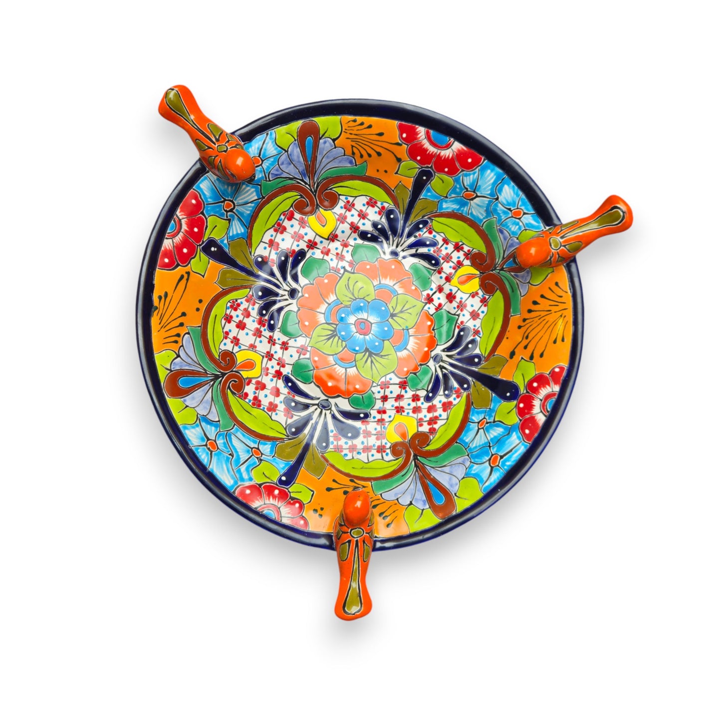 Talavera Bird Bath with Blue Rim | Colorful Mexican Garden Decor