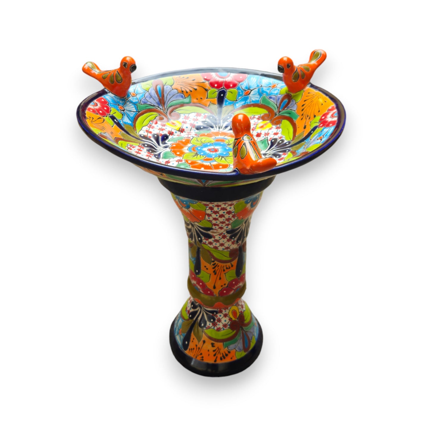 Talavera Bird Bath with Blue Rim | Colorful Mexican Garden Decor