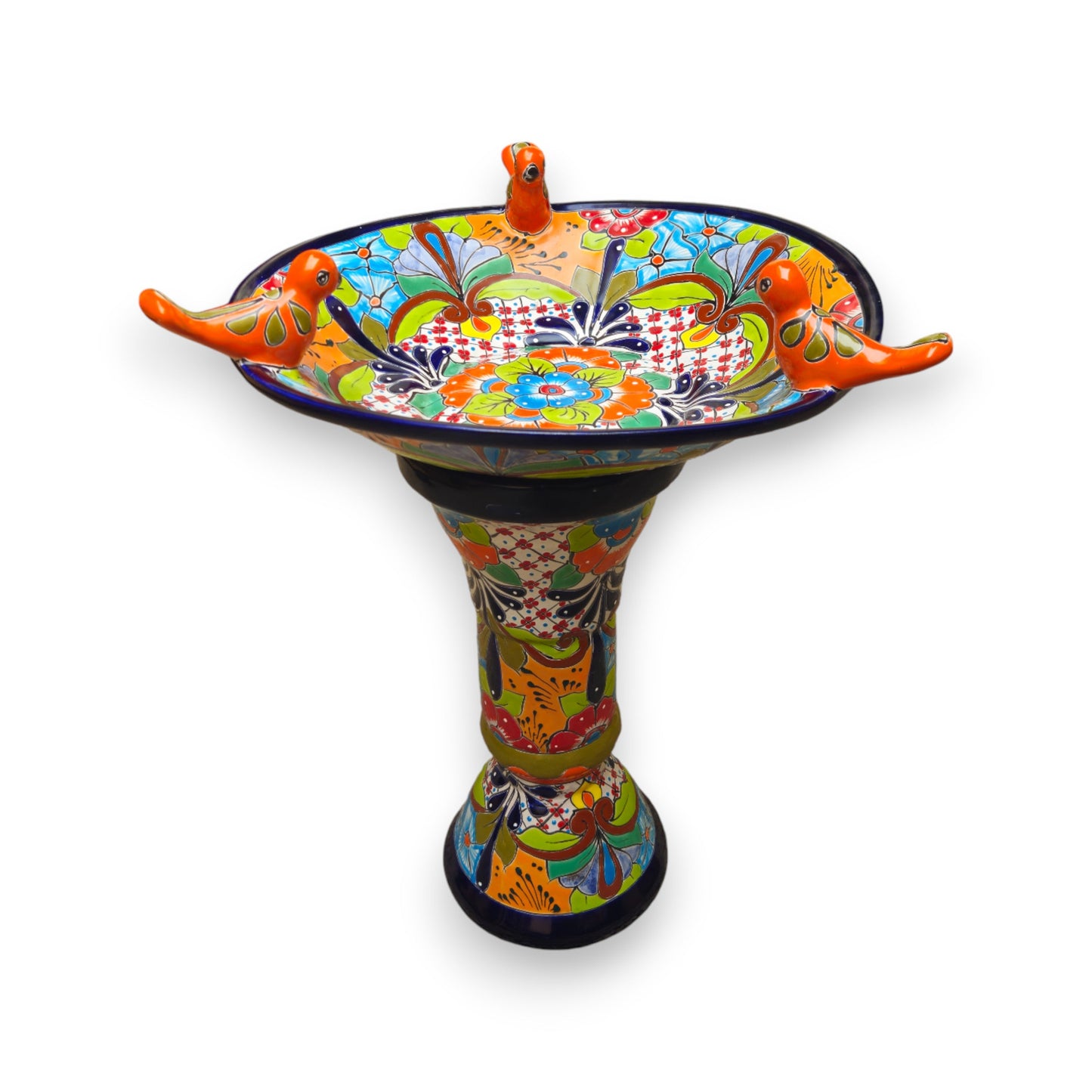 Talavera Bird Bath with Blue Rim | Colorful Mexican Garden Decor