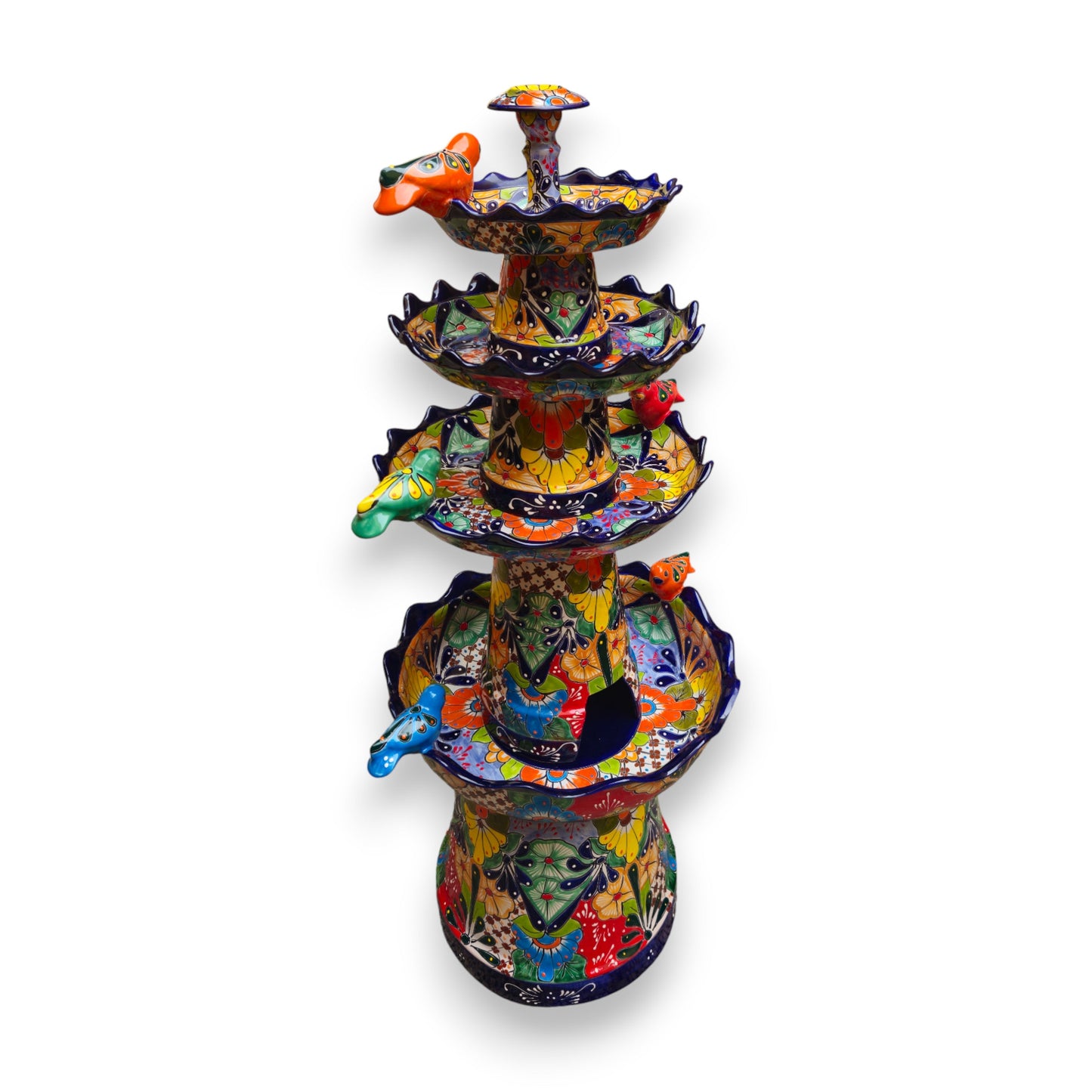 Blue Rim Tiered Talavera Fountain | Handcrafted Mexican Art