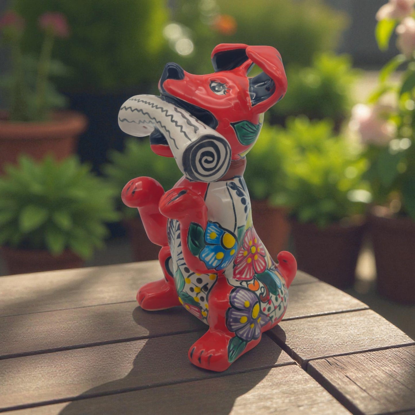 Talavera Dog Holding Newspaper Statue | Colorful Mexican Garden Art