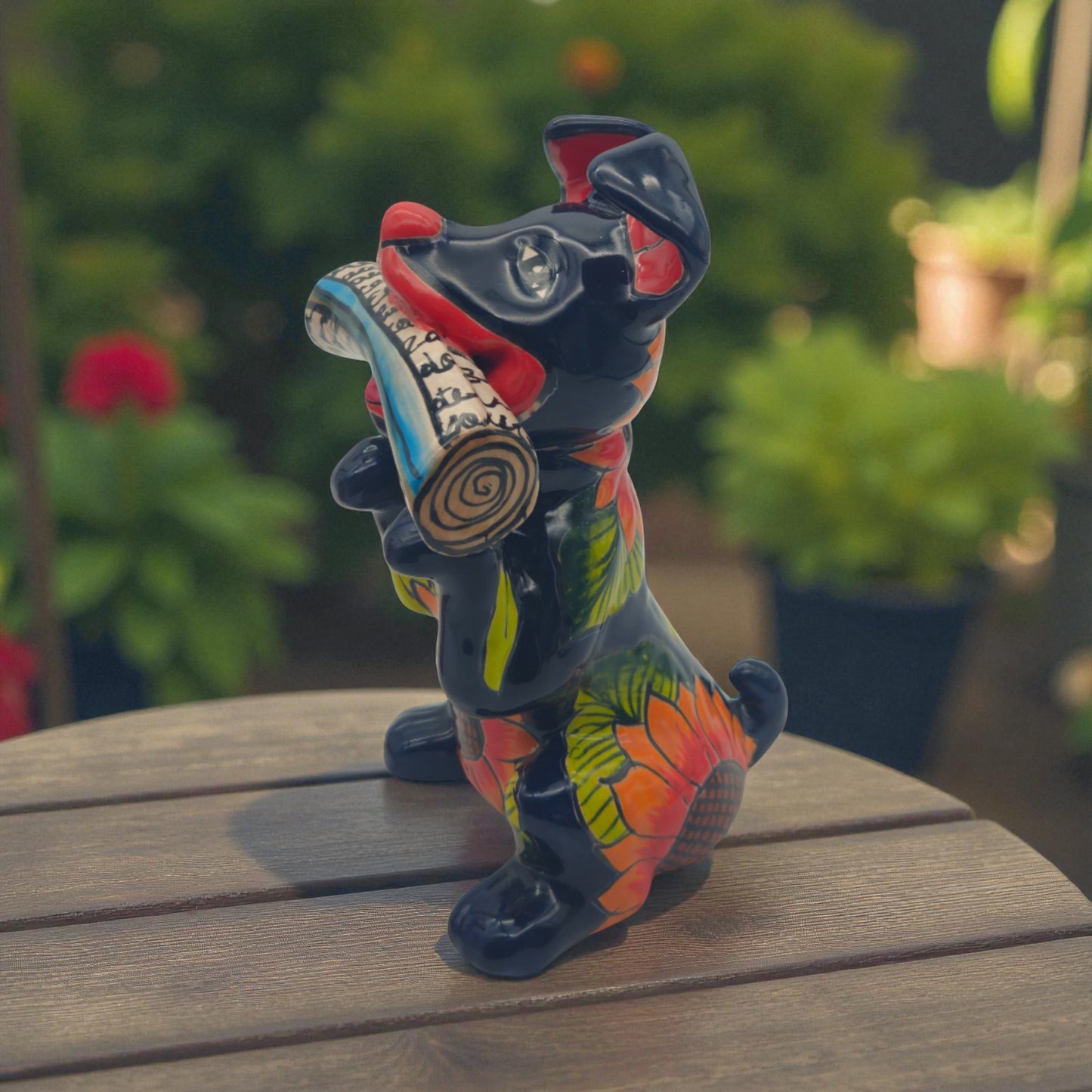 Talavera Dog Holding Newspaper Statue | Colorful Mexican Garden Art
