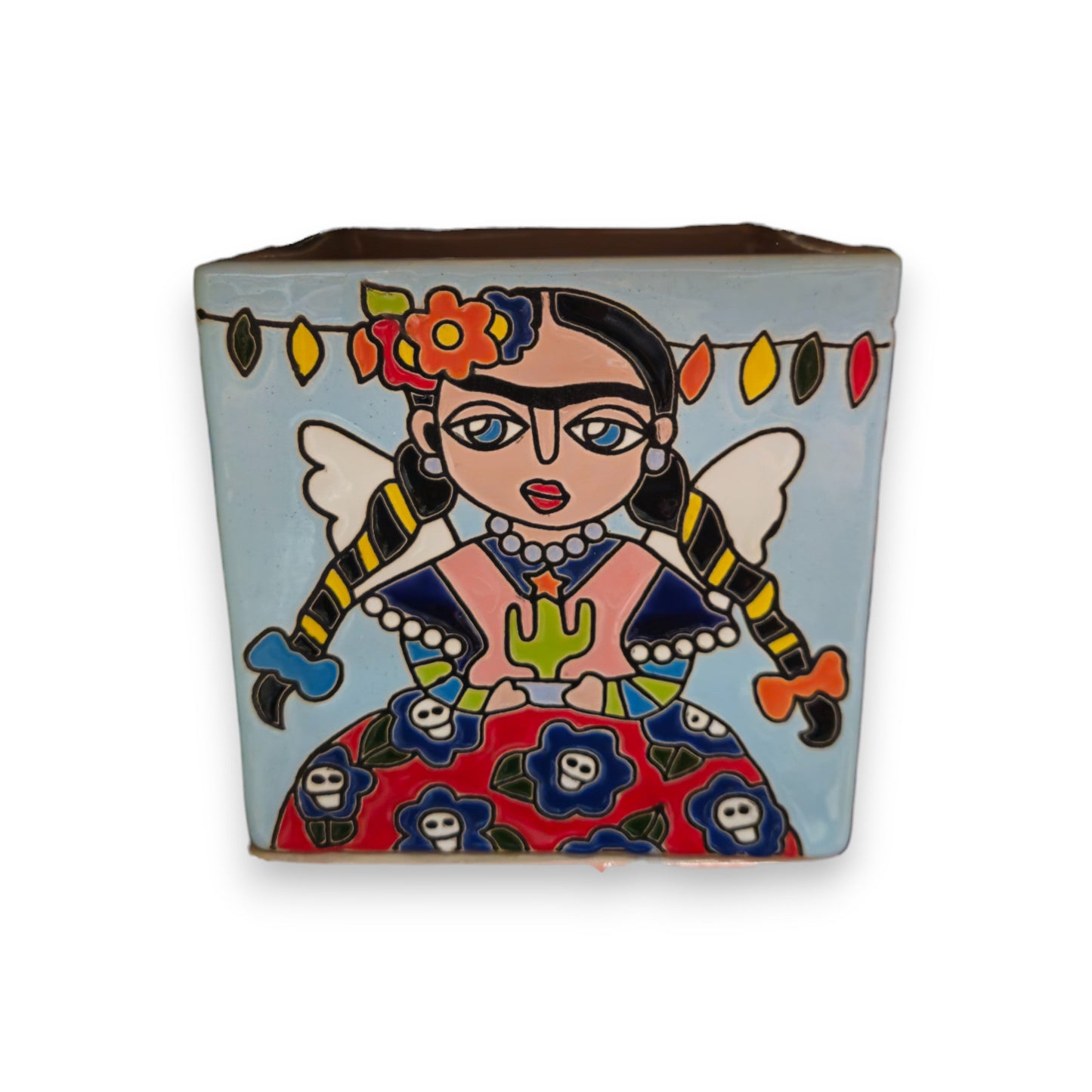 Hand-Painted Frida Kahlo Talavera Pot | Mexican Folk Art Planter