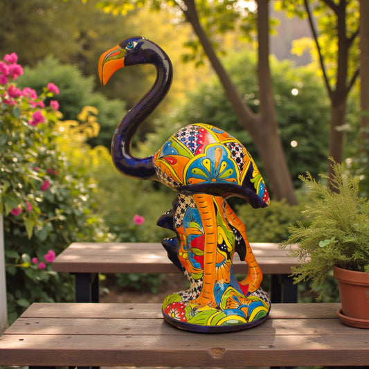 Talavera Flamingo Statue | Hand-Painted Mexican Ceramic Bird Art